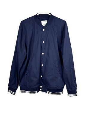 FRANK & OAK Cotton Stretch Snap Front Rib Striped Trim Navy Bomber Jacket Size L